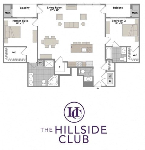 Floor plan for 2 beds, 2.5 baths, 1564 sqft